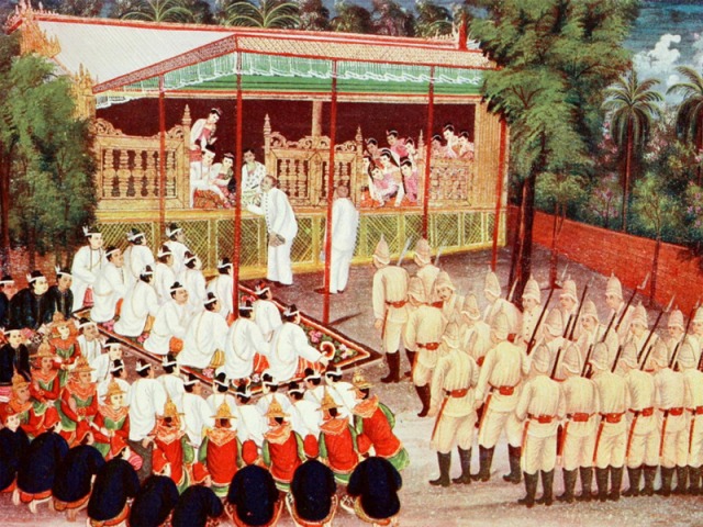 1885年發動第三次英緬戰爭，最後導致貢榜王朝滅亡，錫袍也被流放到印度。圖為描繪錫袍退位的作品。
