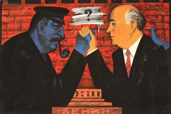 這幅名為「解構重建」（Deconstructing Perestroika）的畫作，很清楚的說明，戈巴契夫在1980年代中期開始倡導的政經改革運動，是在與超過半世紀的史達林主義角力。