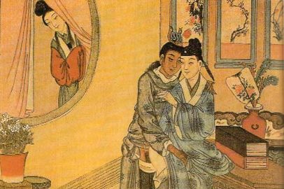 圖為清朝時期的畫作，一名女子正在窺視一對男性情人。
