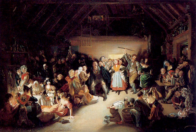 1833年愛爾蘭畫家Daniel Maclise在Snap-Apple Night中生動描繪了人們在萬聖節的各種遊戲。