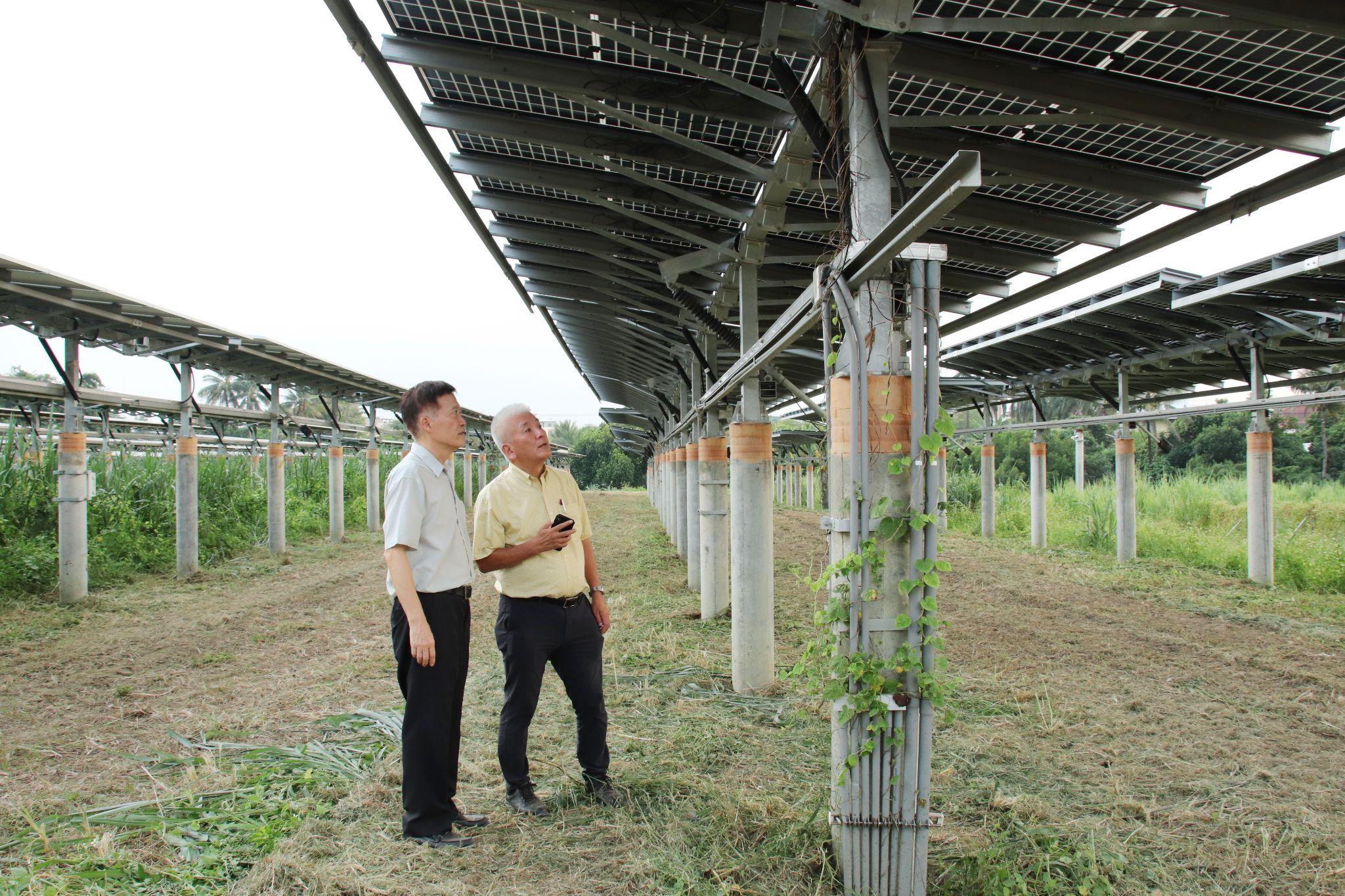 日本專家田島誠研究員（右一）參訪嘉義大林糖廠農電試辦案場，交流農電經驗。
