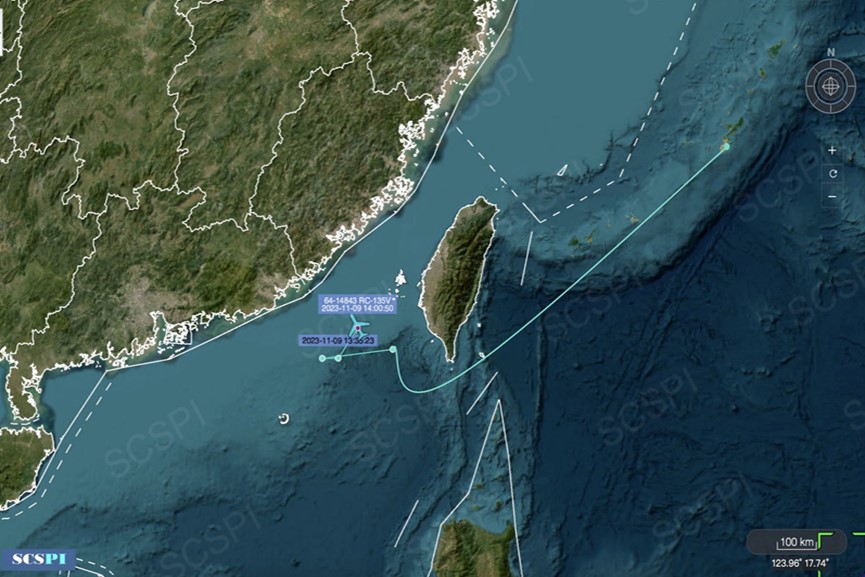 美軍RC-135於巴士海峽及台海南部航行的航跡，2023年10月19日。