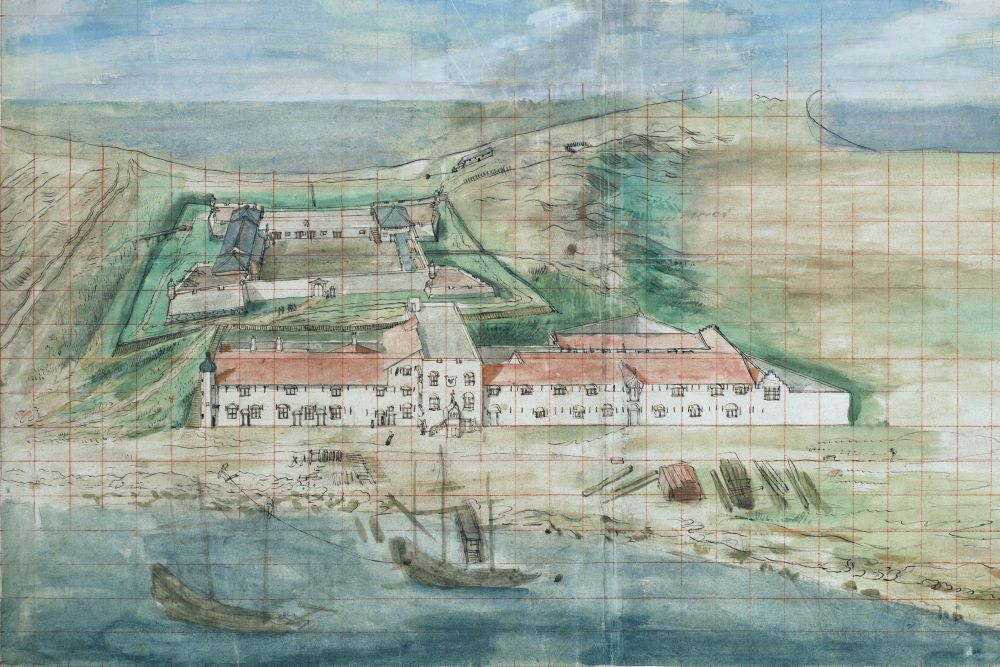 熱蘭遮城與長官官邸鳥瞰圖。圖為約翰．芬伯翁（Johannes Vingboons）在約1635年所繪。根據此圖，當時尚未有四角附城。