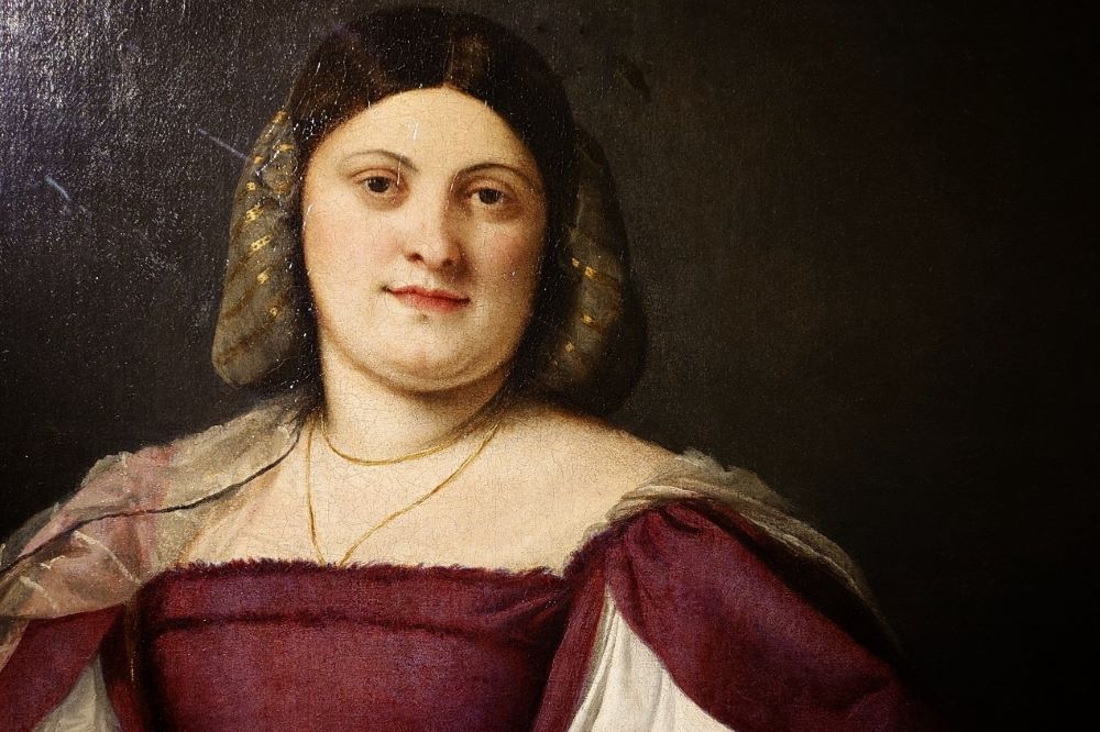 提香（Titian）《女士肖像（來自達爾馬提亞的女士））》（Portrait of a Lady (‘La Schiavona’)）局部。