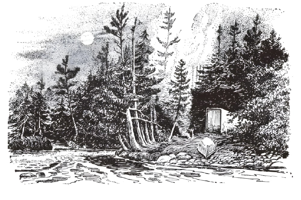 圖為約1920年的帳篷小屋與營火。