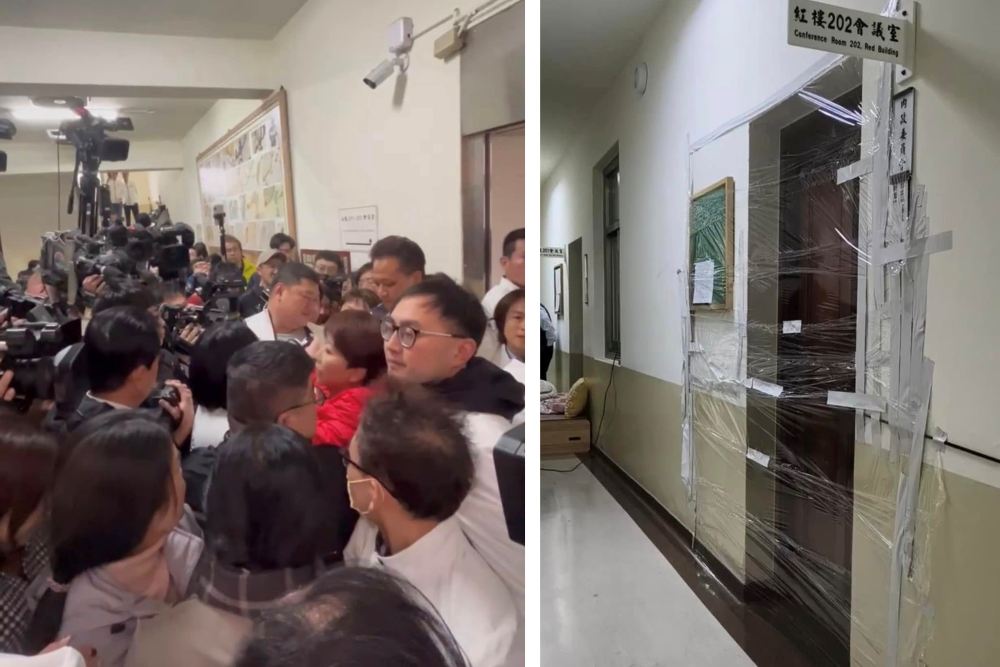 立法院內政委員會審議《選罷法》草案時，國民黨立委以人牆與膠帶阻擋，逕自宣布通過，引發民主程序爭議。